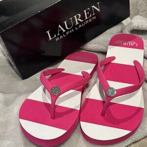 LAUREN RALPH LAUREN Shawna Pink White Stripe Shirting Flip-Flop Sandals Size 10
